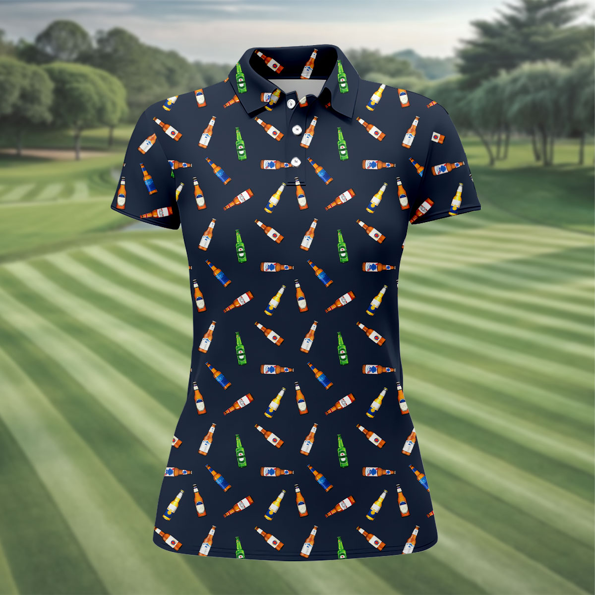 Beer Bottle Labels Seamless Pattern Fun Women's Golf Shirts, Women's Golf Tops, Ladies Golf Shirt