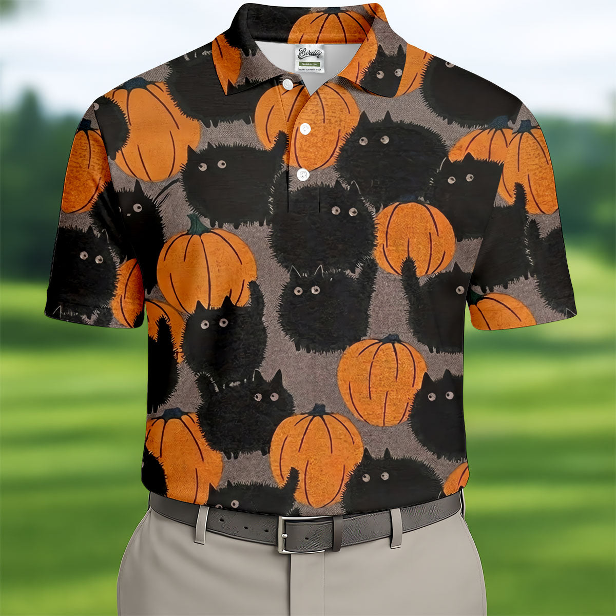 Black Cat Pumpkin Halloween Golf Polo Shirt, Mens Golf Apparel, Golf Shirts For Men
