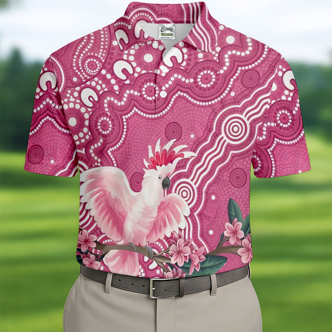 Pink Cockatoo Floral Aboriginal Art Polo Shirt, Hawaiian Golf Shirt, Mens Golf Shirts