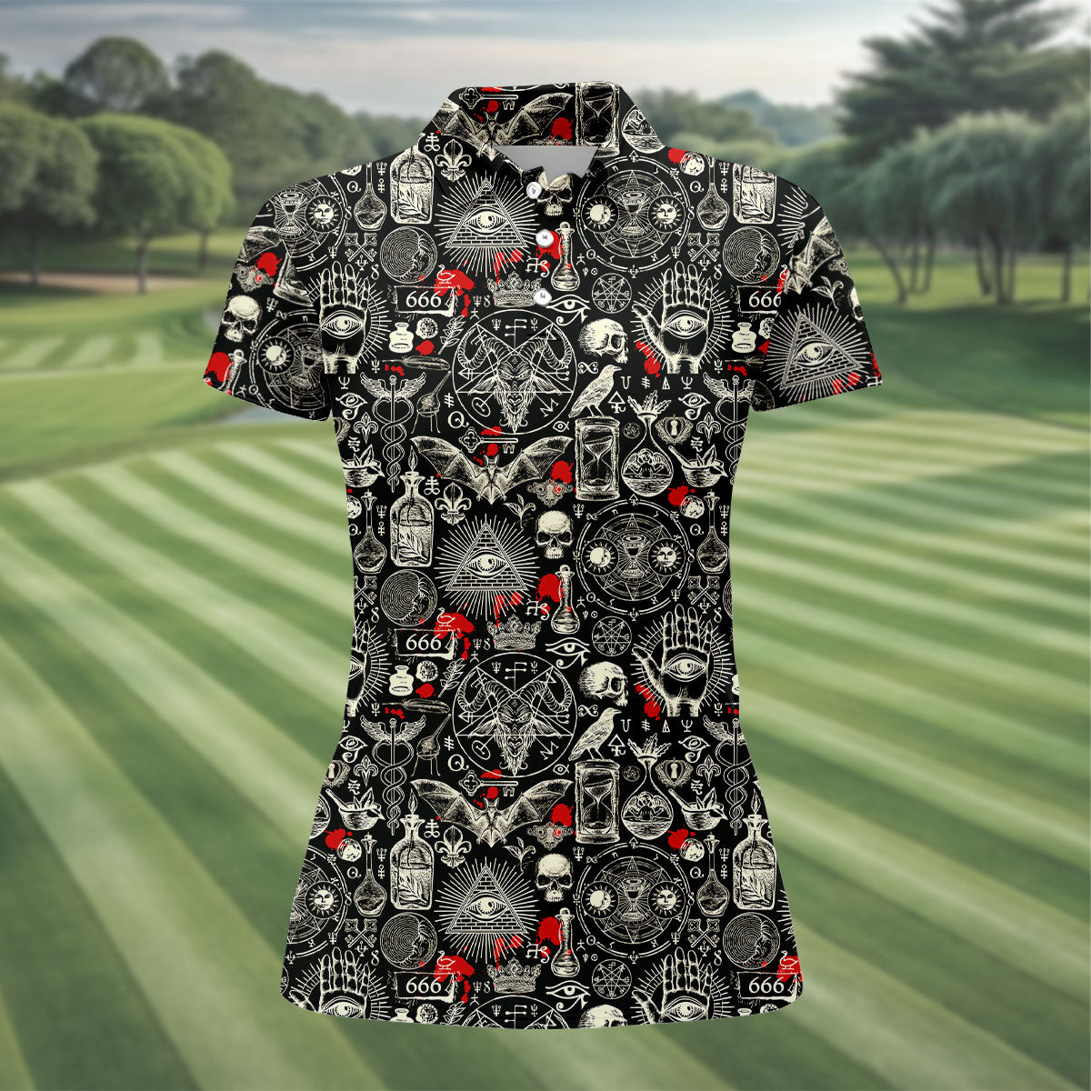 Occult Theme Sketch Style Hawaiian Golf Shirt, Women's Golf Tops, Ladies Golf Shirts