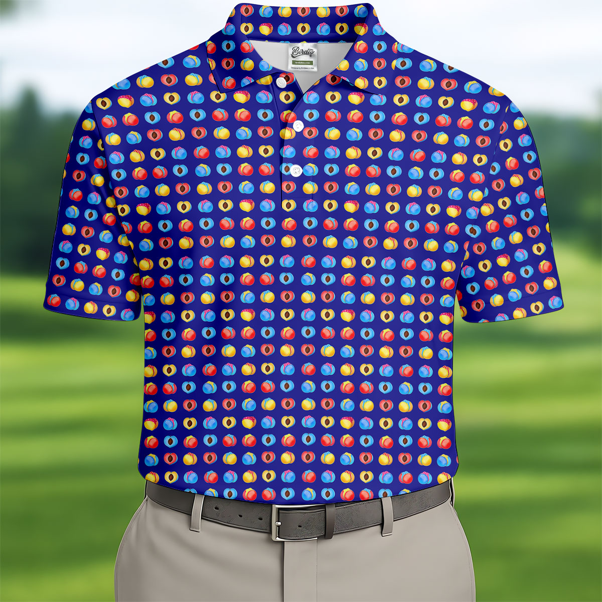 Funny Peach Emoji Pattern Golf Polo Shirt, Men's Golf Polo Shirt, Novelty Golf Shirts For Men