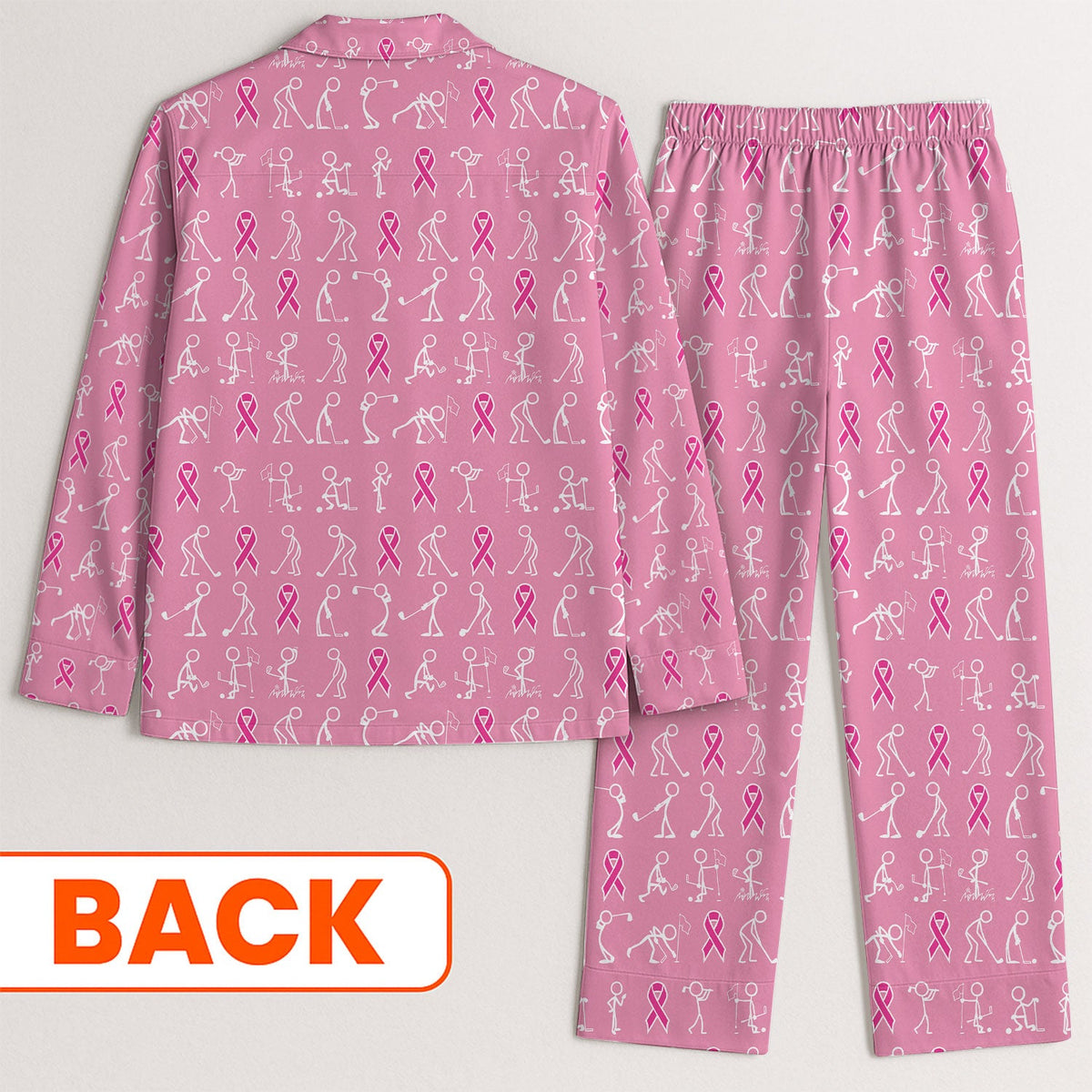 Funny Stick Figure Golfing Long Sleeve Pajama Set, Breast Cancer Awareness Pink Satin Pajamas