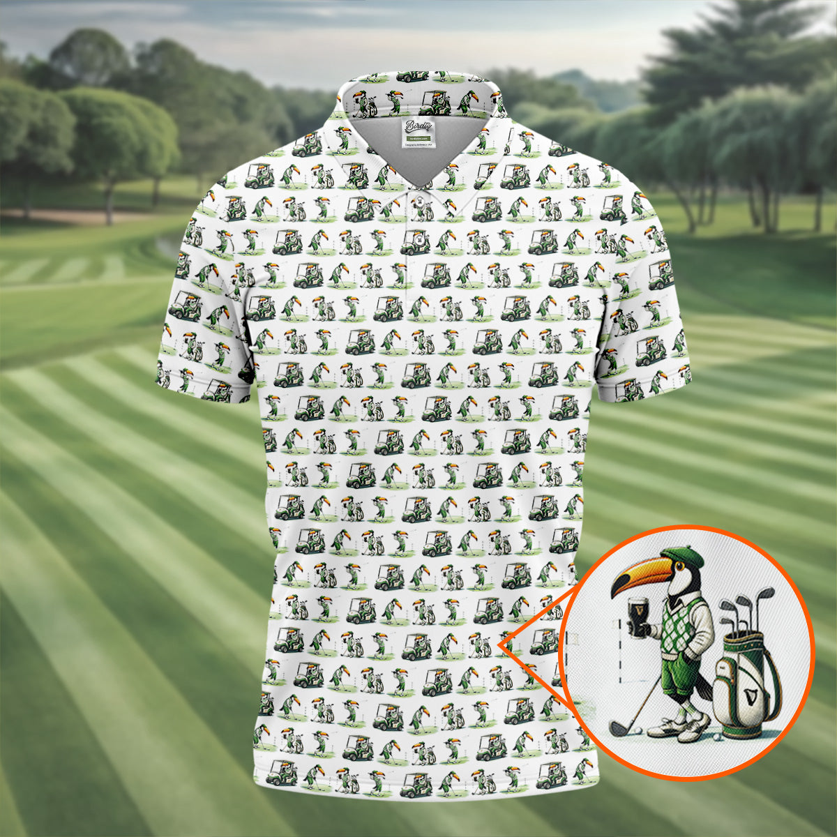 Funny Toucan Golf Pose White And Green Golf Tops For Men, Polo Shirts For Men, Golf Shirts For Men