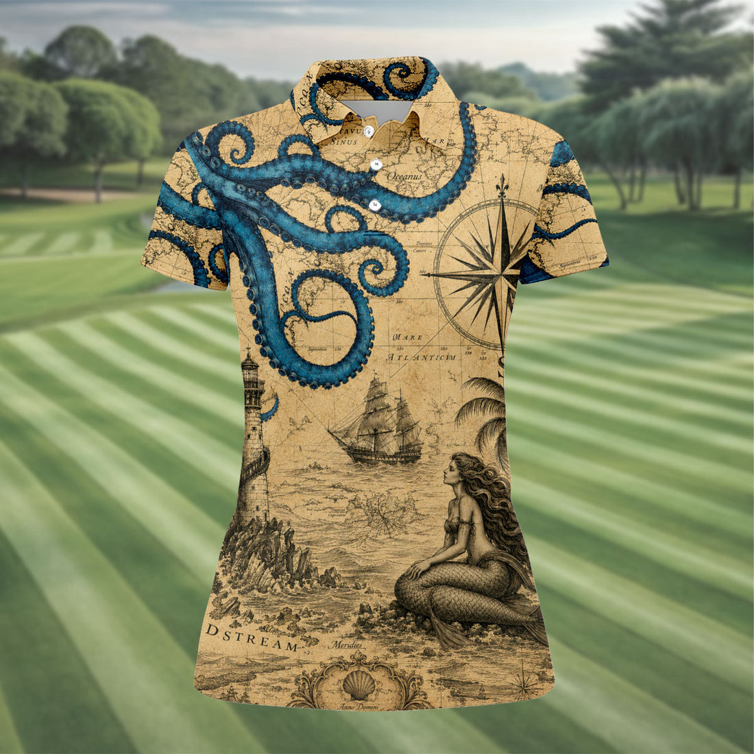 Mermaid Princess Vintage Nautical Hawaiian Golf Shirt, Women's Golf Tops, Ladies Golf Shirts