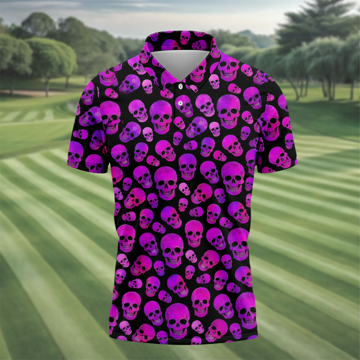 Purple Skull Gothic Pattern Hawaiian Golf Shirt, Mens Golf Polo, Printed Golf Shirts