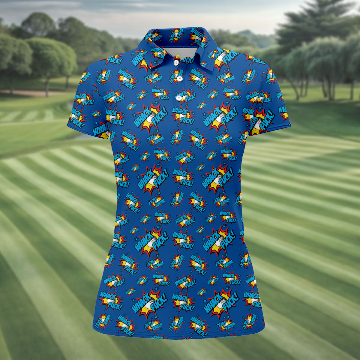 Funny Whack Fuck Comic Golf Ball Navy Polo Shirt, Womens Golf Tops, Printed Golf Shirts