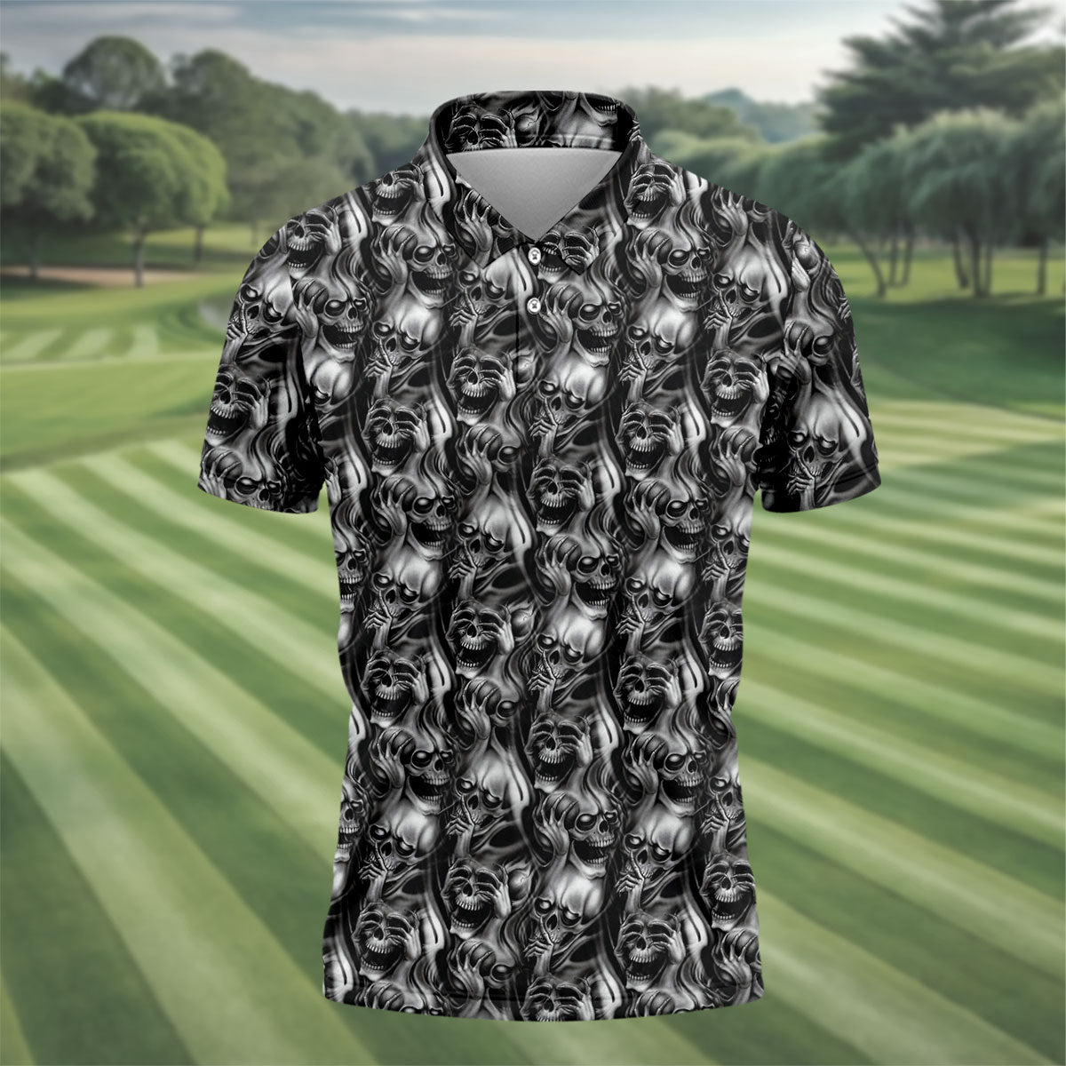 Dark Grim Reaper Skull Pattern Golf Polo Shirt, Mens Golf Polo, Golf Apparel For Men