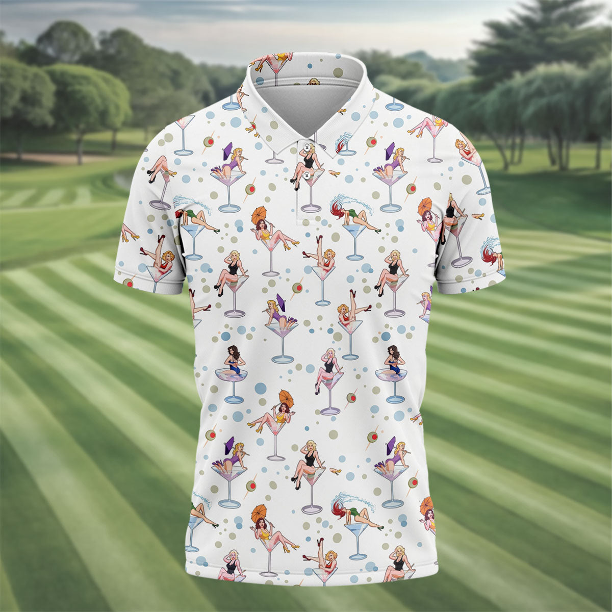 Retro Pin Up Martini Cocktail Hawaiian Golf Shirt, Golf Shirts For Men, Hawaiian Golf Shirt