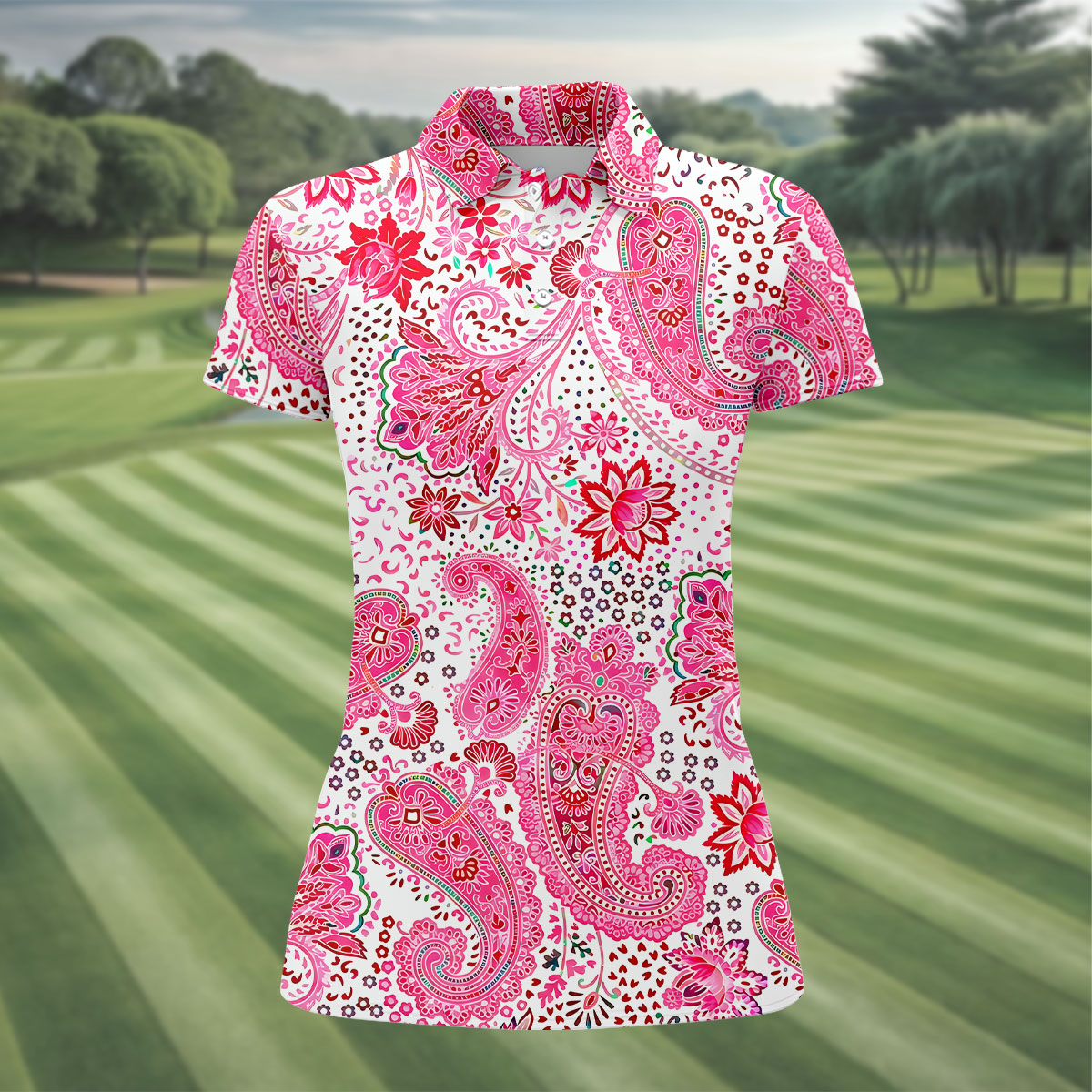 Pink Paisley Floral Pattern Golf Shirt, Golf Tops For Women, Hawaiian Golf Shirt, Women’s Golf Apparel