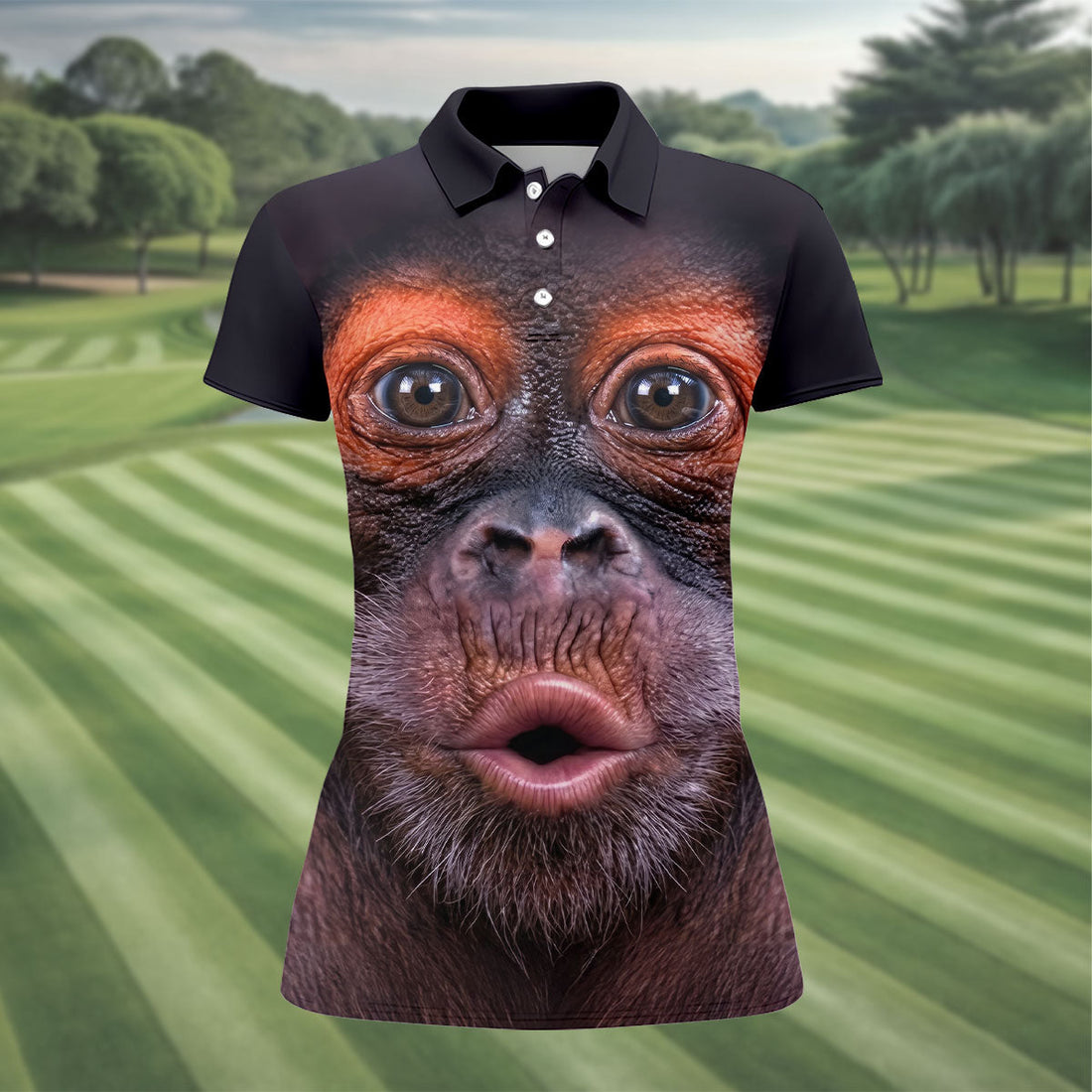 Funny Monkey Face Closeup Print Hawaiian Golf Polo, Golf Tops For Women, Golfing Apparel