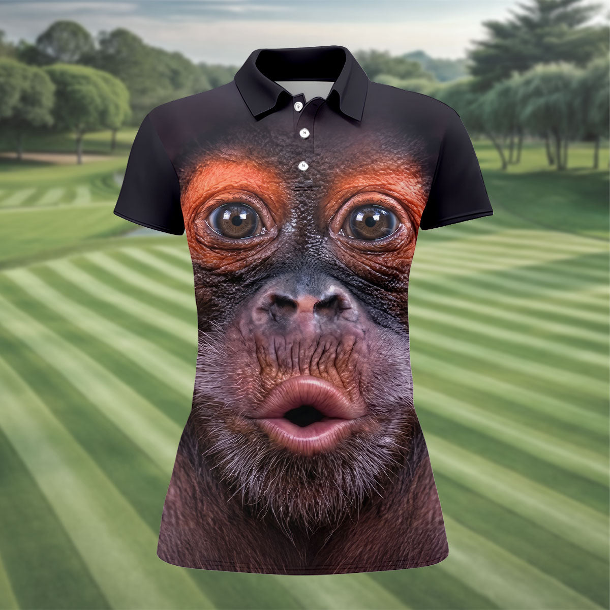 Funny Monkey Face Closeup Print Hawaiian Golf Polo, Golf Tops For Women, Golfing Apparel
