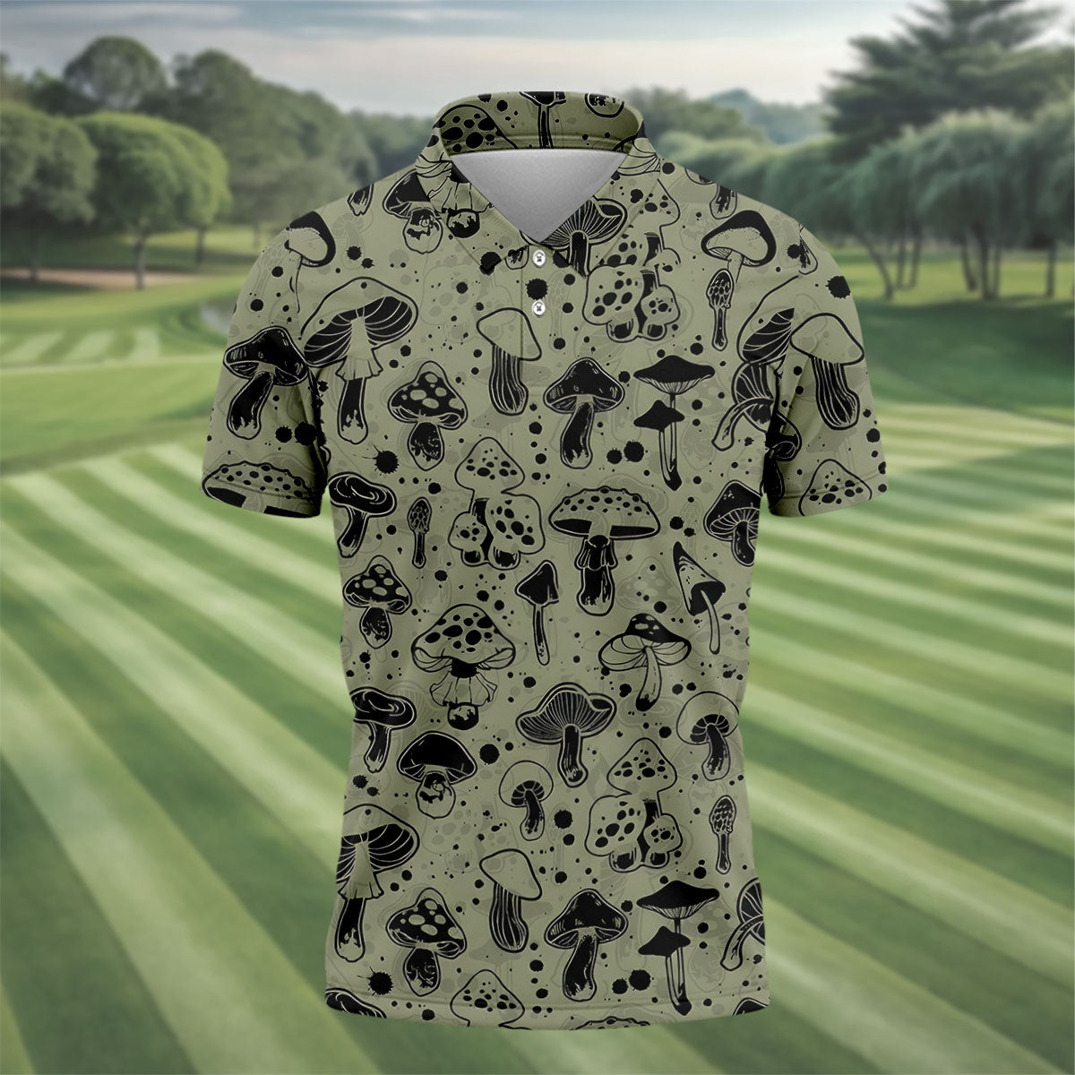 Vintage Mushroom Sketch Pattern Hawaiian Golf Shirt, Printed Golf Shirts, Golf Apparel For Men