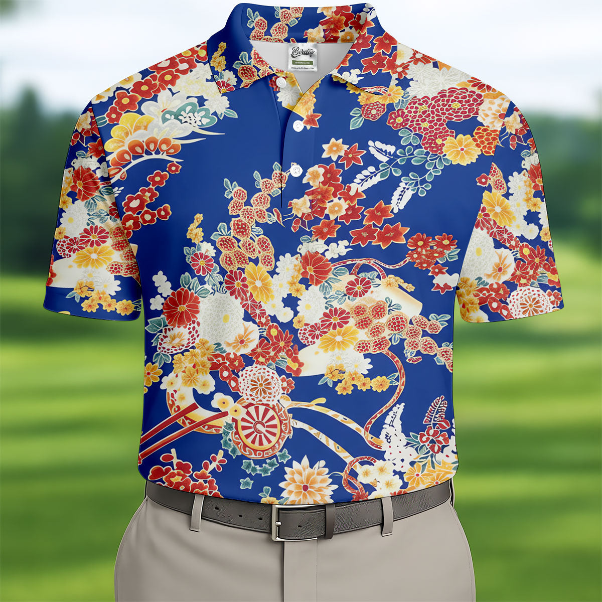 Royal Blue Japanese Floral Pattern Golf Shirt, Mens Golf Apparel, Printed Golf Shirts