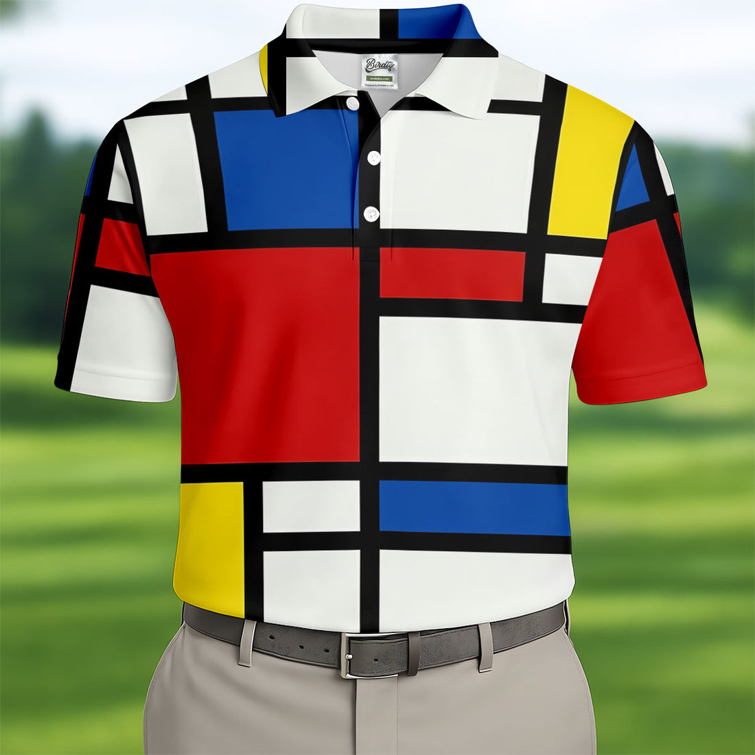 Red Yellow Blue Mondrian Style Vintage Hawaiian Golf Shirt, Men's Golf Shirt, Polo Shirts For Men