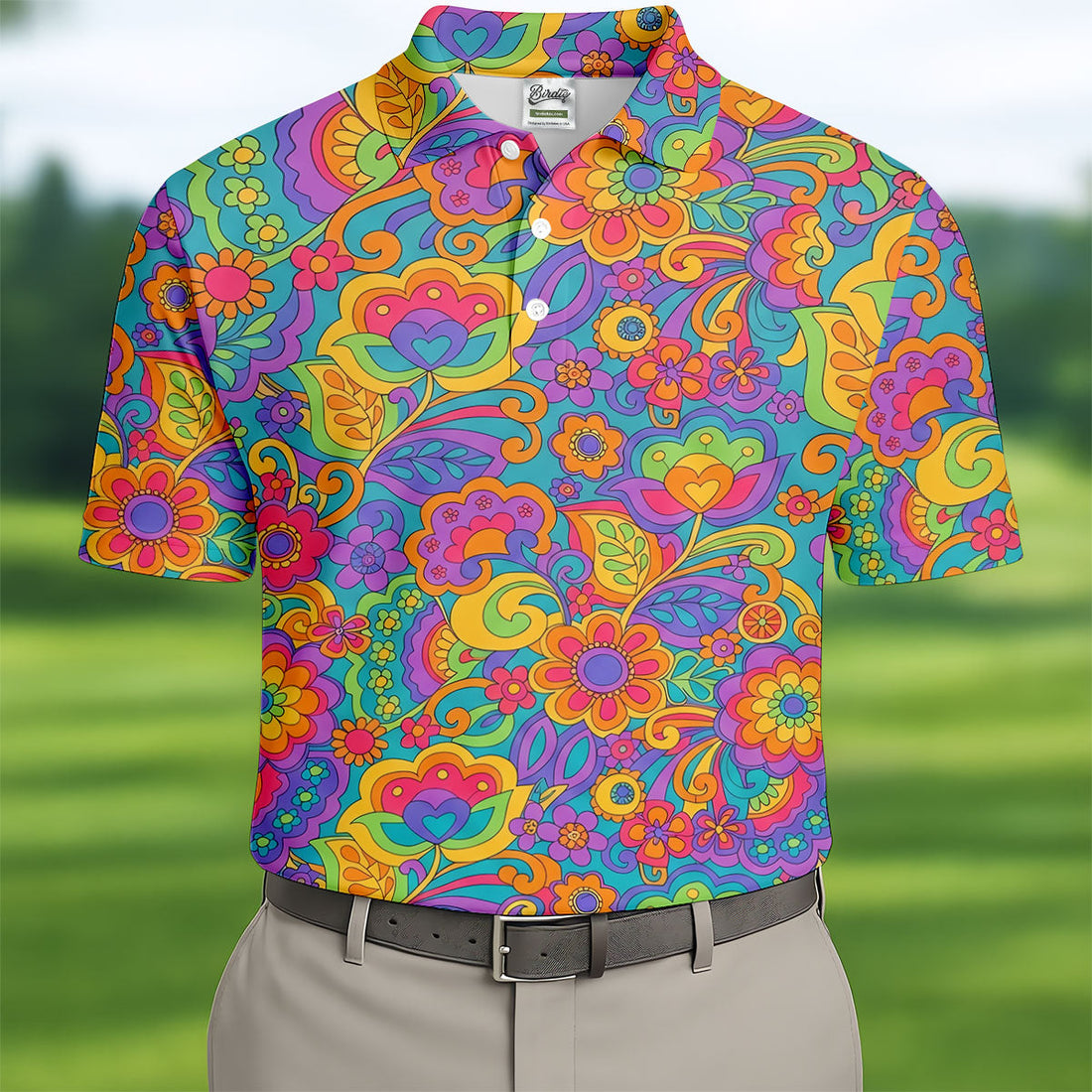 Vintage Psychedelic Floral Pattern Hawaiian Golf Shirt, Mens Golf Shirts, Golf Polo Shirts For Men