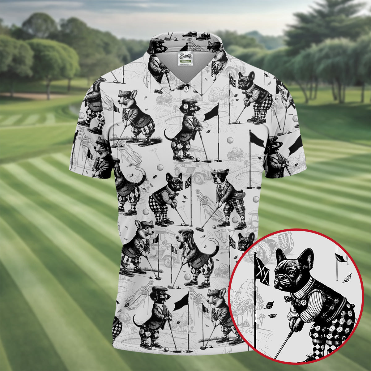 Vintage Golfing Dogs Pattern Golf Polo Shirt, Mens Golf Shirts, Golf Apparel For Men
