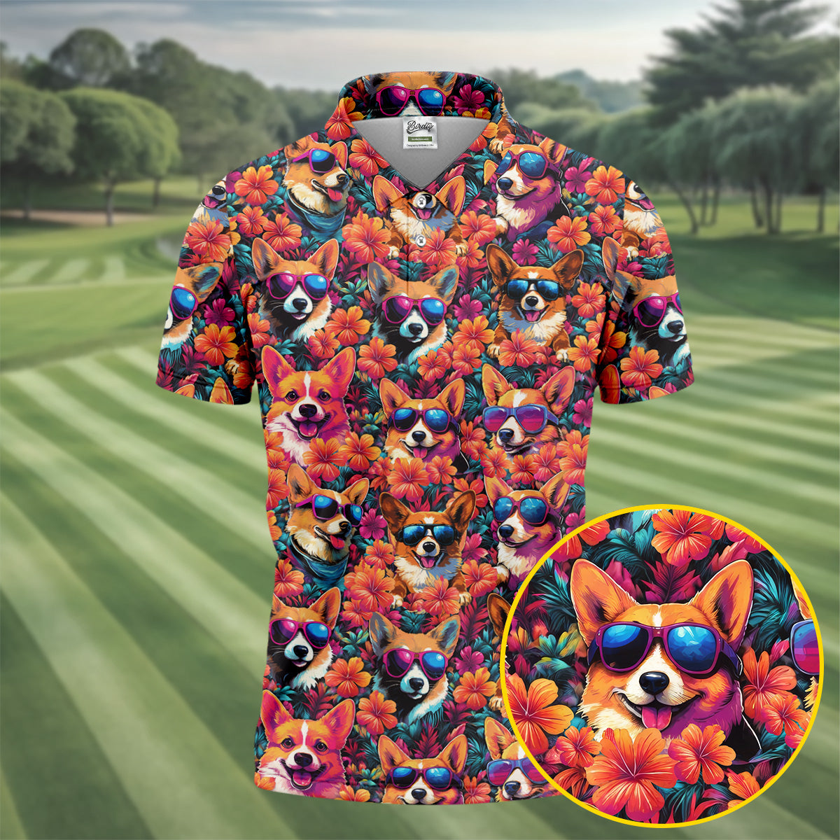 Tropical Corgi Floral Pattern Hawaiian Golf Polo, Golf Tops For Men, Golfing Apparel