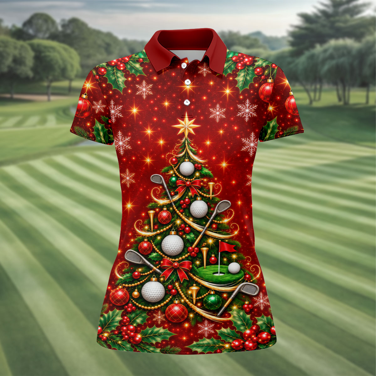 Golf Ball And Club Tree Christmas Golf Shirt, Ladies Golf Shirts, Golf Tops For Women