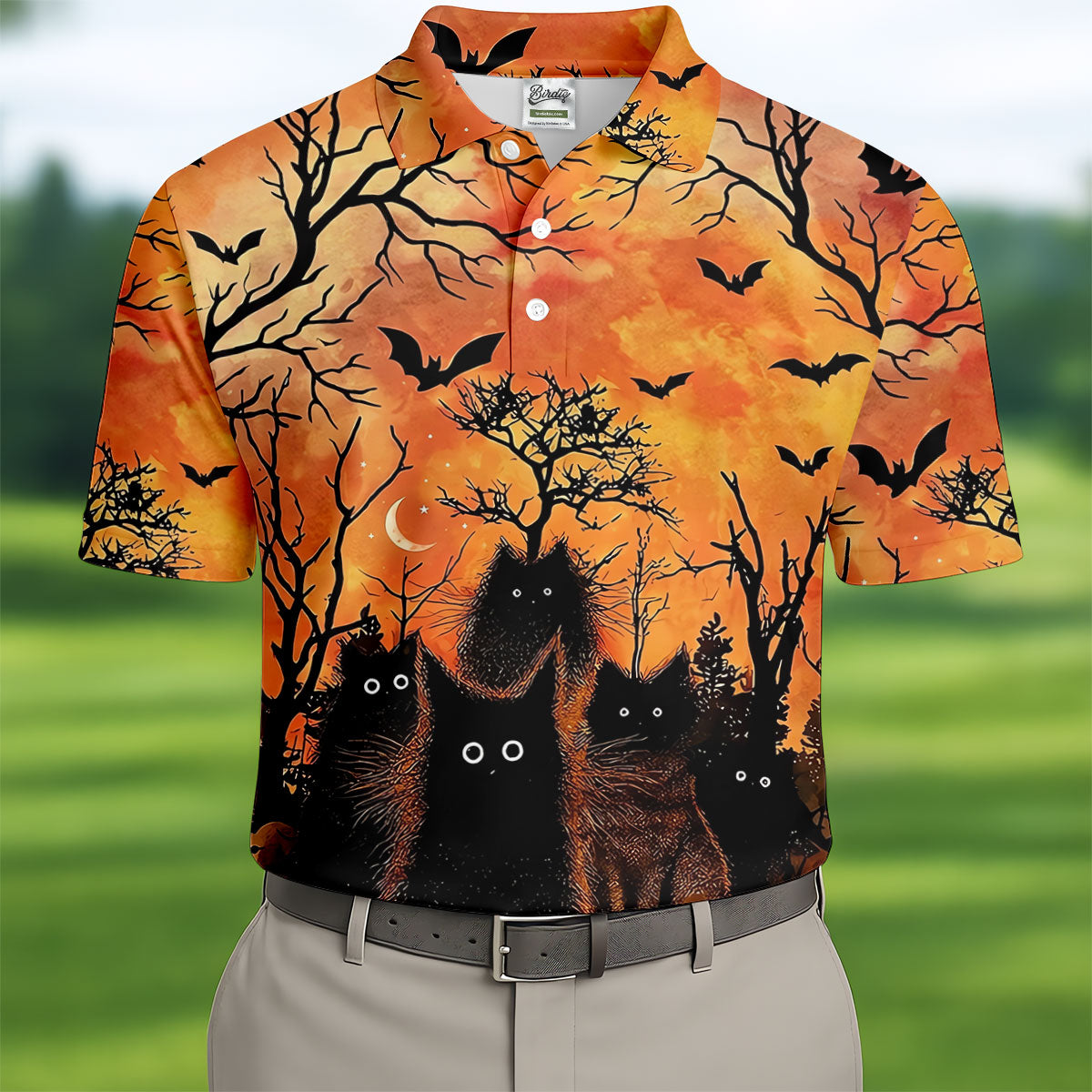Spooky Black Cat Halloween Golf Polo Shirt, Men's Golf Shirts, Hawaiian Golf Shirt