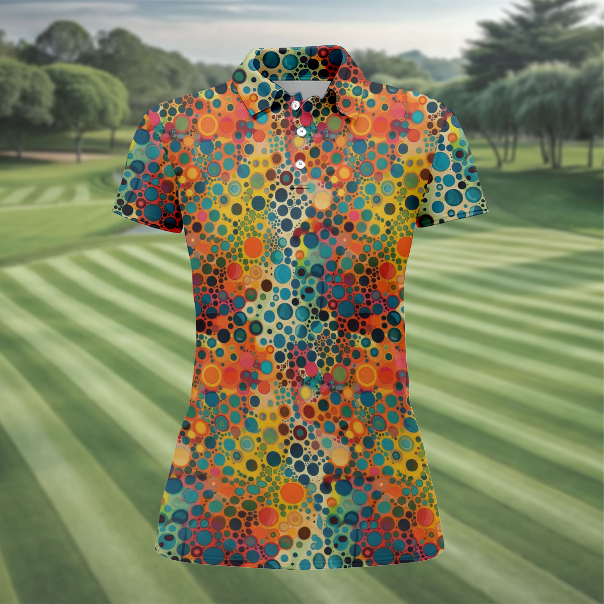 Vibrant Overlapping Dot and Circle Design Hawaiian Golf Polo, Golf Tops For Women, Golfing Apparel