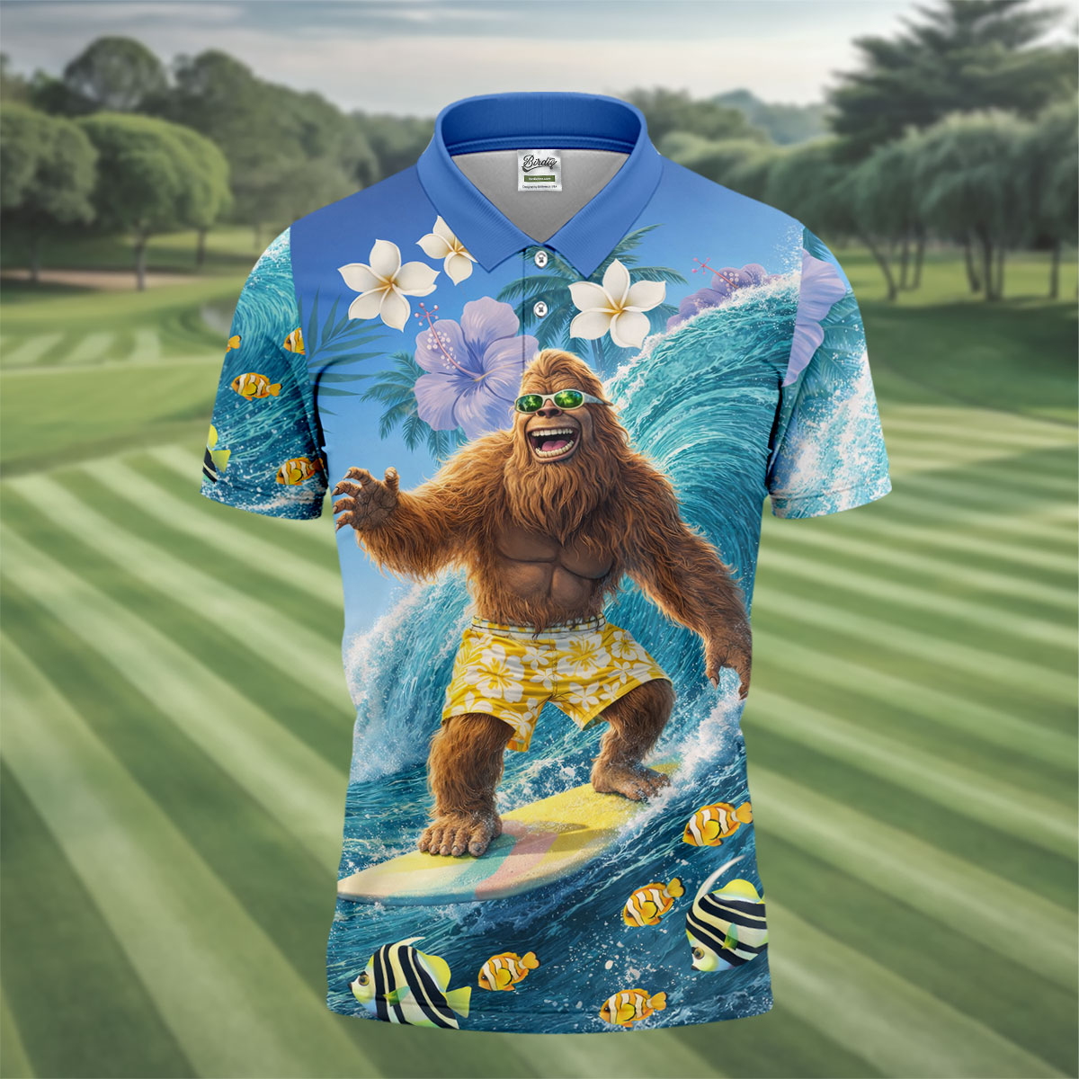 Surfing Bigfoot Riding Ocean Waves Design Hawaiian Golf Polo, Golf Tops For Men, Golfing Apparel