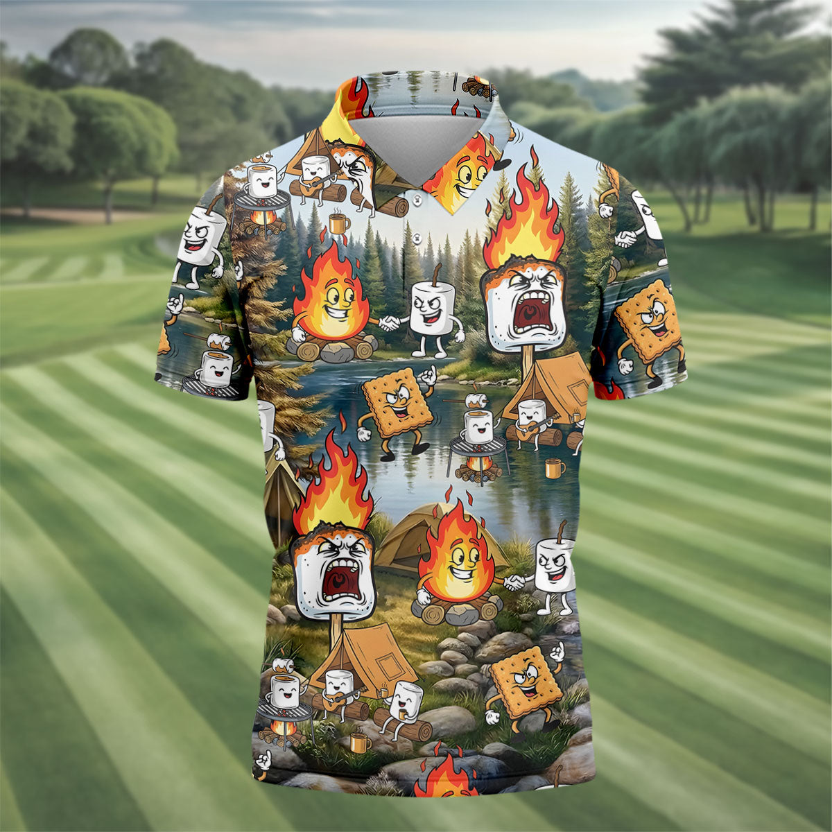 Cartoon Marshmallow, Graham Cracker and Campfire Characters Lake Camping Hawaiian Golf Polo, Golf Tops For Men, Golfing Apparel