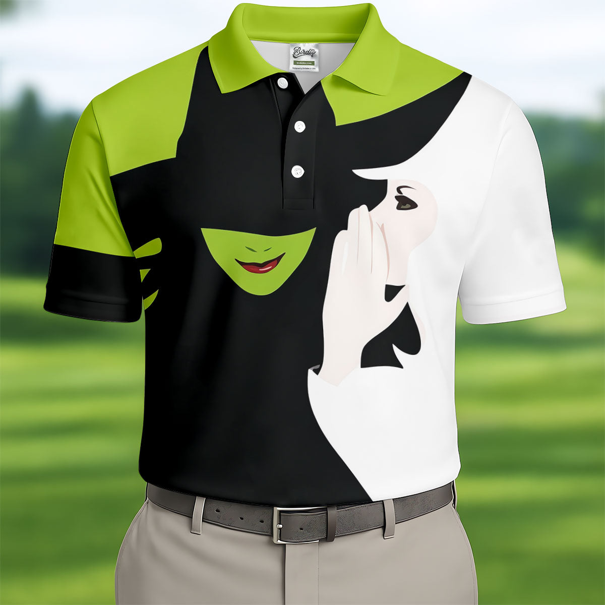 Green & White Witch Faces Halloween Golf Polo Shirt, Golf Apparel, Mens Golf Shirt