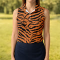 Bold Orange Black Tiger Stripe Animal Print Golf Shirt, Women Golf Shirts, Golf Apparel For Ladies