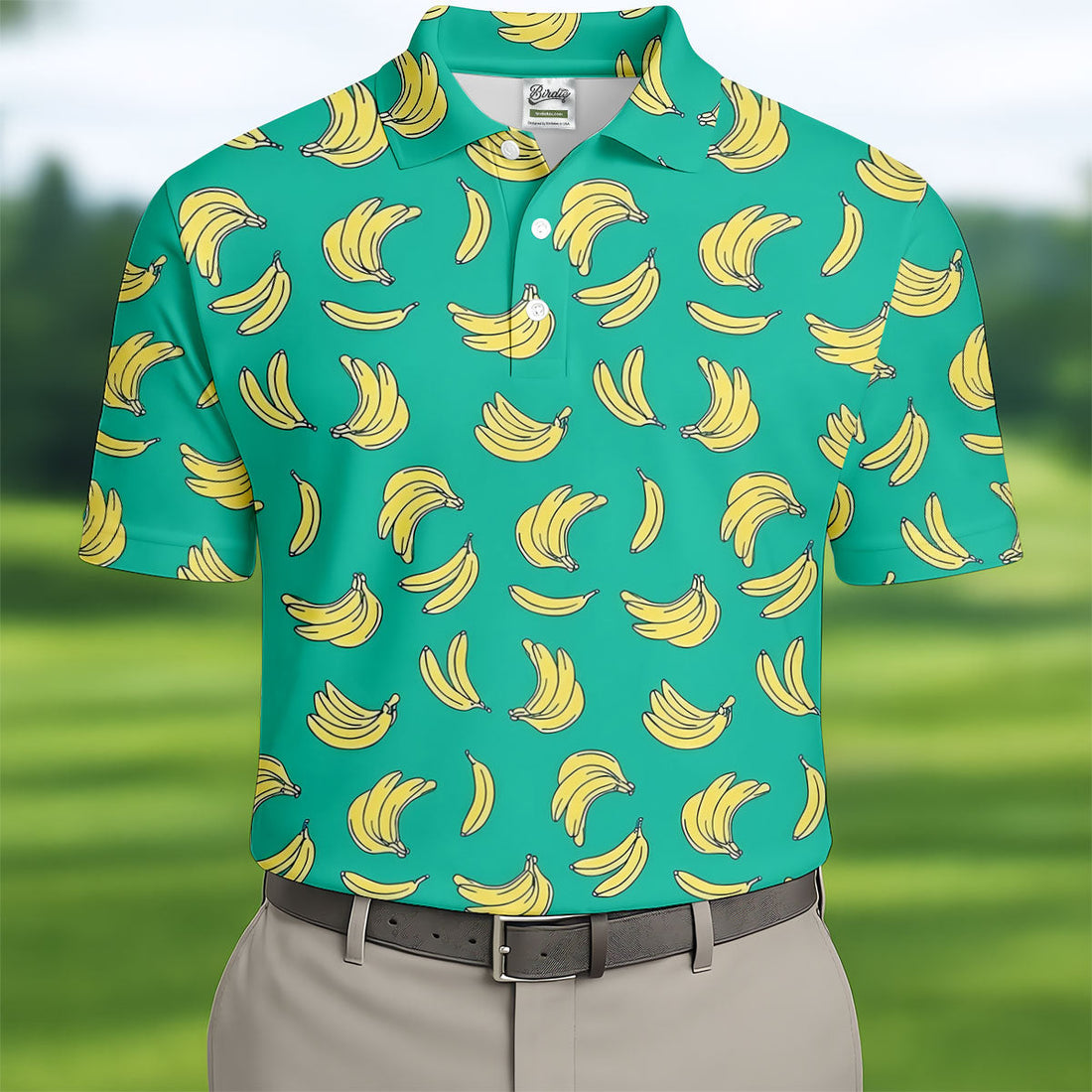 Tropical Banana on Turquoise Background Hawaiian Golf Polo, Golf Tops For Men, Golfing Apparel