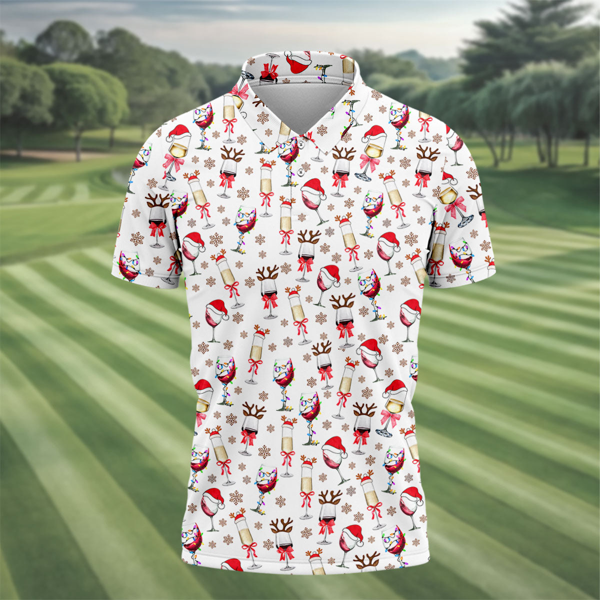 Festive Christmas Wine Glasses Golf Polo Shirt, Mens Golf Polo, Golf Apparel For Men