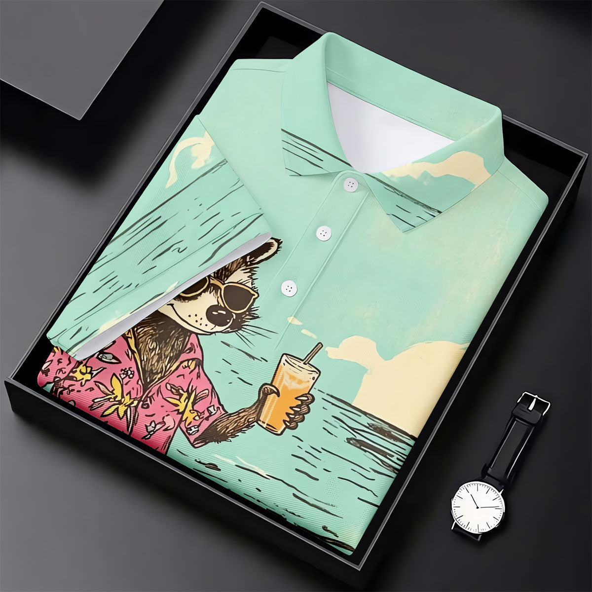 Raccoon Tropical Beach Escape Hawaiian Golf Shirt, Women's Golf Tops, Ladies Golf Shirts