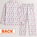 Breast Cancer Pink Ribbon With Golf Pattern Long Pajama Set, White Satin Pajama Set