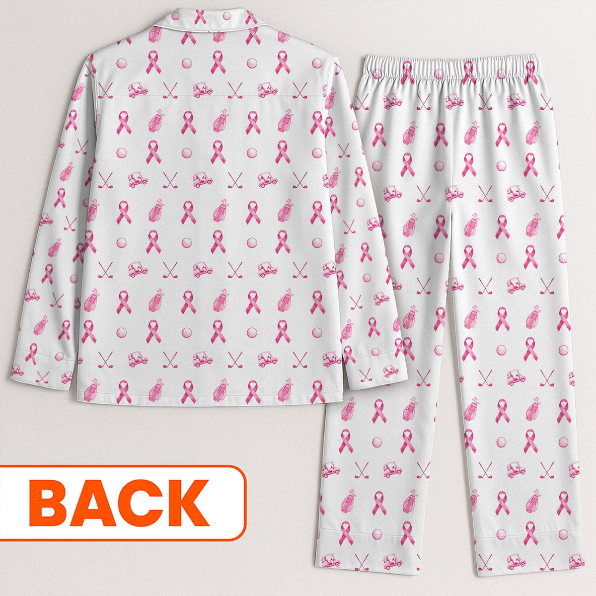 Breast Cancer Pink Ribbon With Golf Pattern Long Pajama Set, White Satin Pajama Set