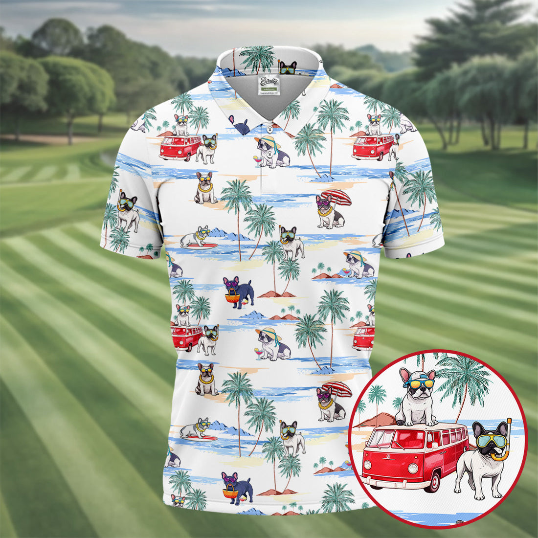 French Bulldog Beach Vacation Hawaiian Golf Polo Shirt, Mens Golf Shirts, Golf Apparel For Men