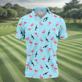 Light Blue Flamingo Pattern Golf Polo Shirt, Men's Golf Shirt, Golf Polo Shirts For Men