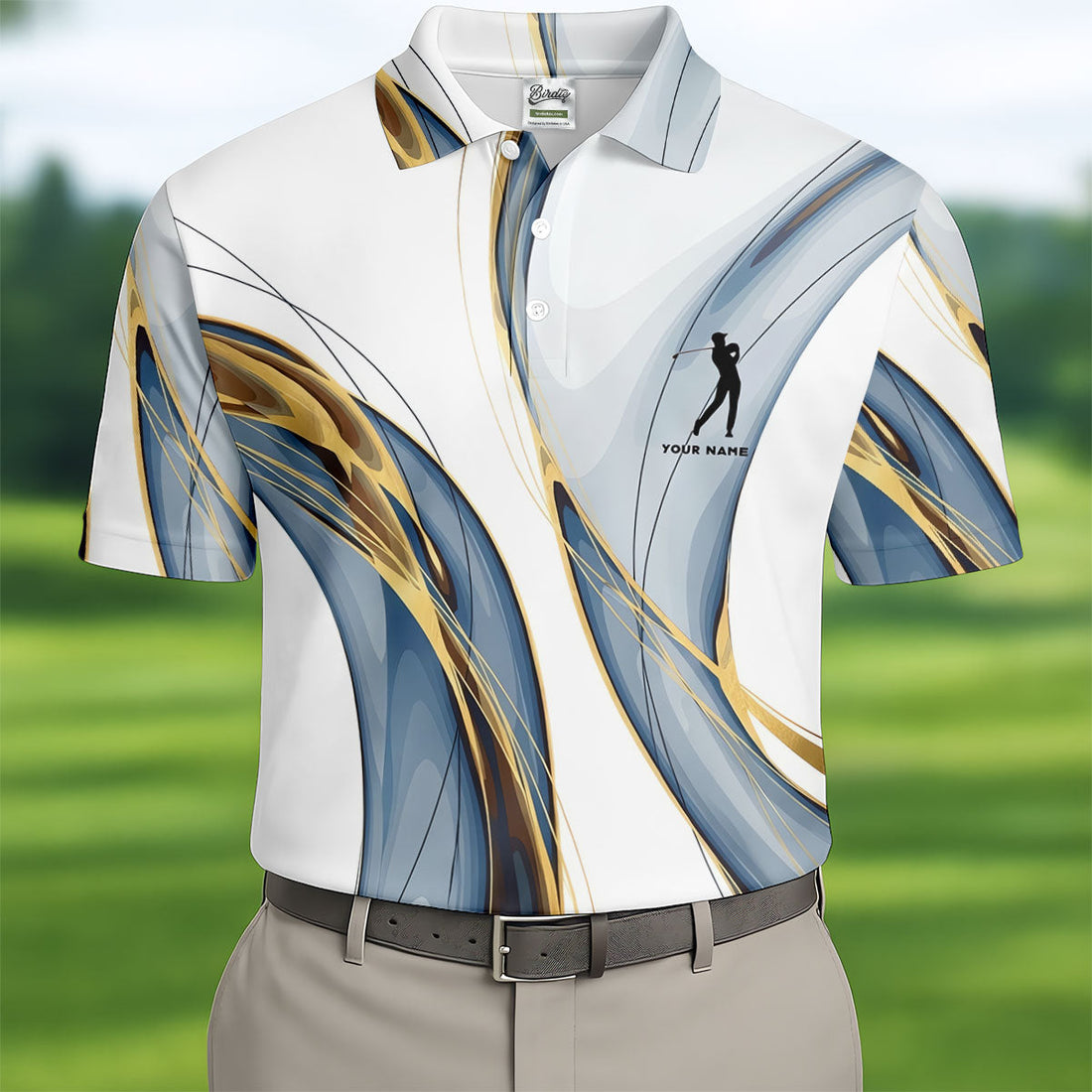 Elegant Blue Gray and Gold Swirl Pattern Hawaiian Golf Polo, Golf Tops For Men, Golfing Apparel