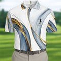 Elegant Blue Gray and Gold Swirl Pattern Hawaiian Golf Polo, Golf Tops For Men, Golfing Apparel