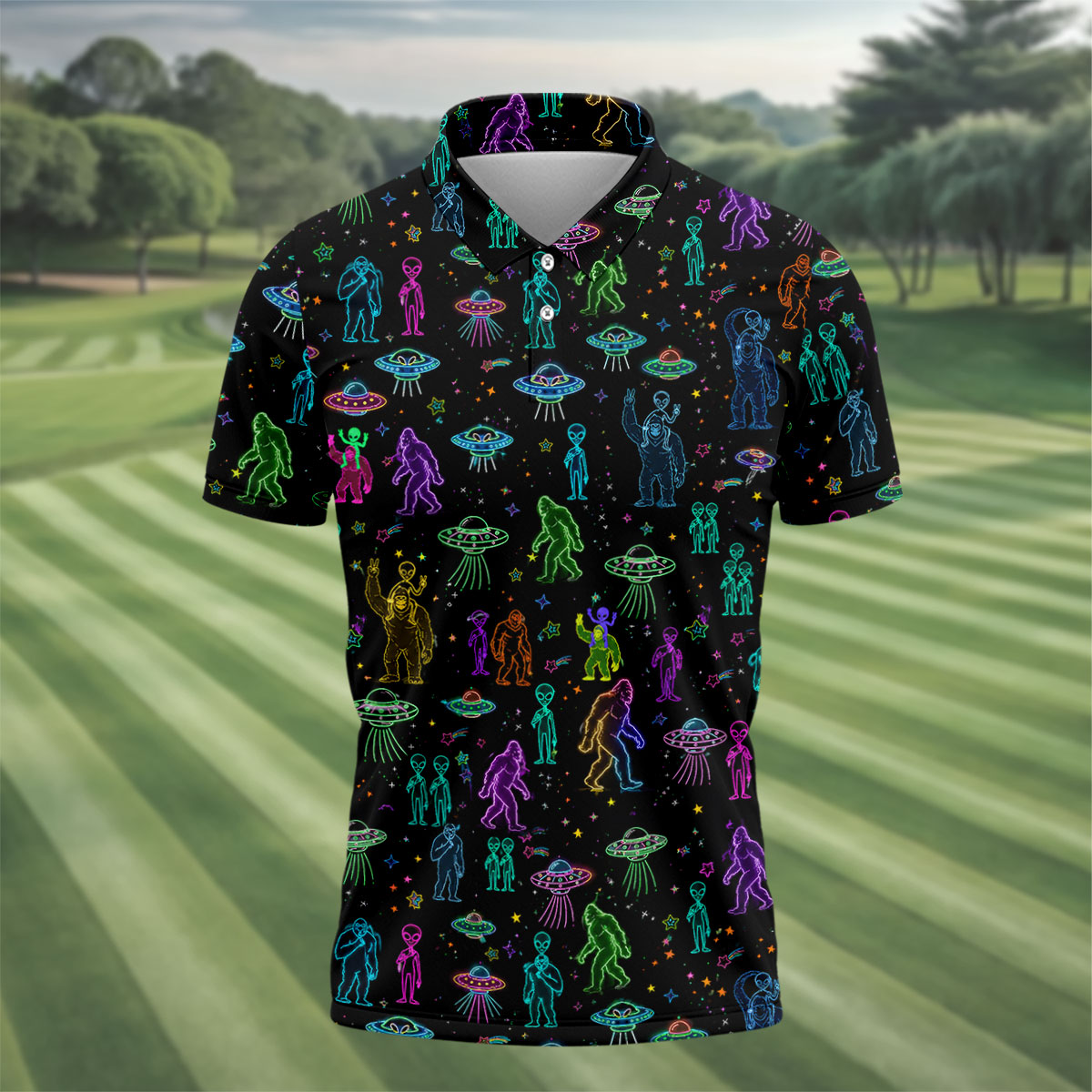 Neon Bigfoot Alien UFO Pattern Golf Polo Shirt, Men's Golf Shirt, Printed Golf Shirts