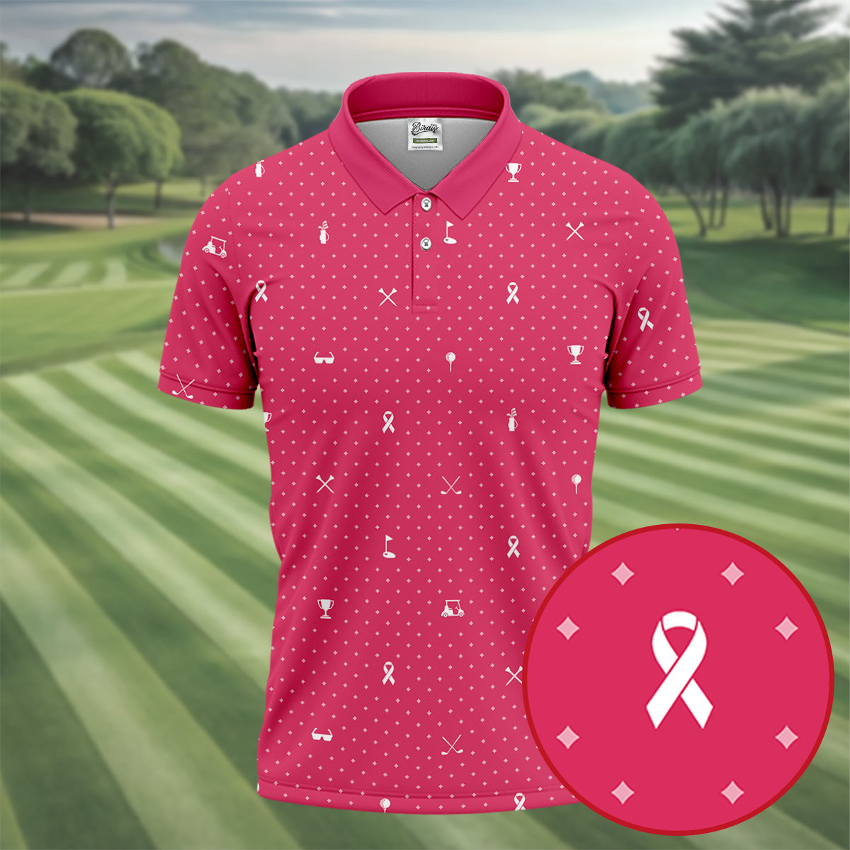 Pink Ribbon Golf Pattern Breast Cancer Polo Shirt, Golf Shirts For Men, Mens Golf Apparel