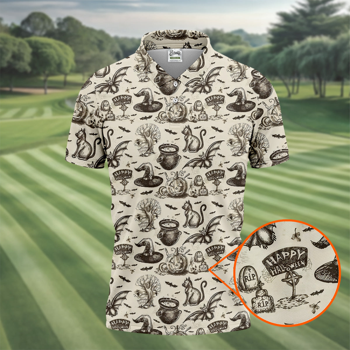 Halloween Witch Cat Pattern Men's Funny Golf Shirts, Unique Gift For Golfer, Polo For Men