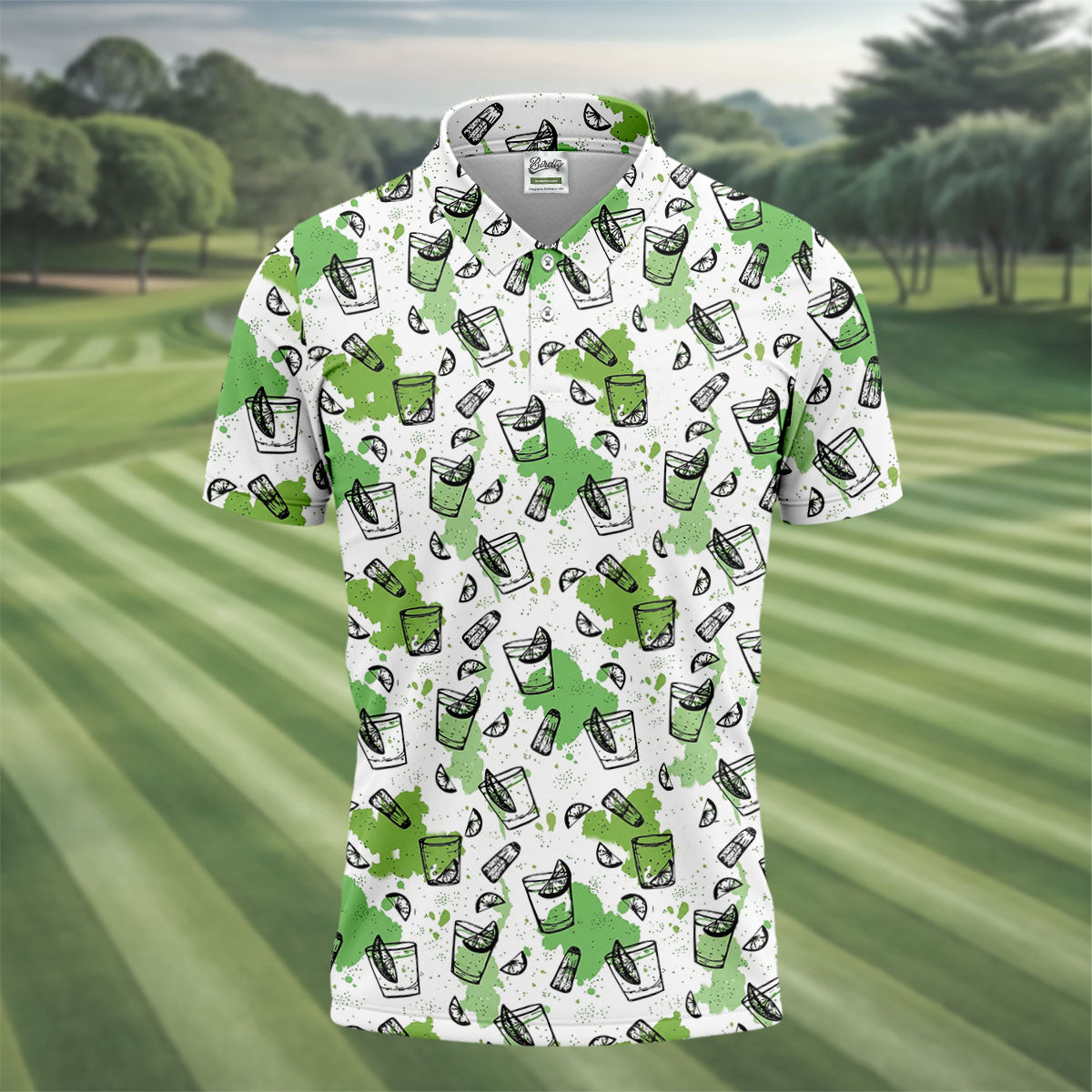 Green Cocktail Splash Pattern Golf Shirt, Mens Golf Shirts, Hawaiian Golf Shirt, Golf Polo Shirts For Men