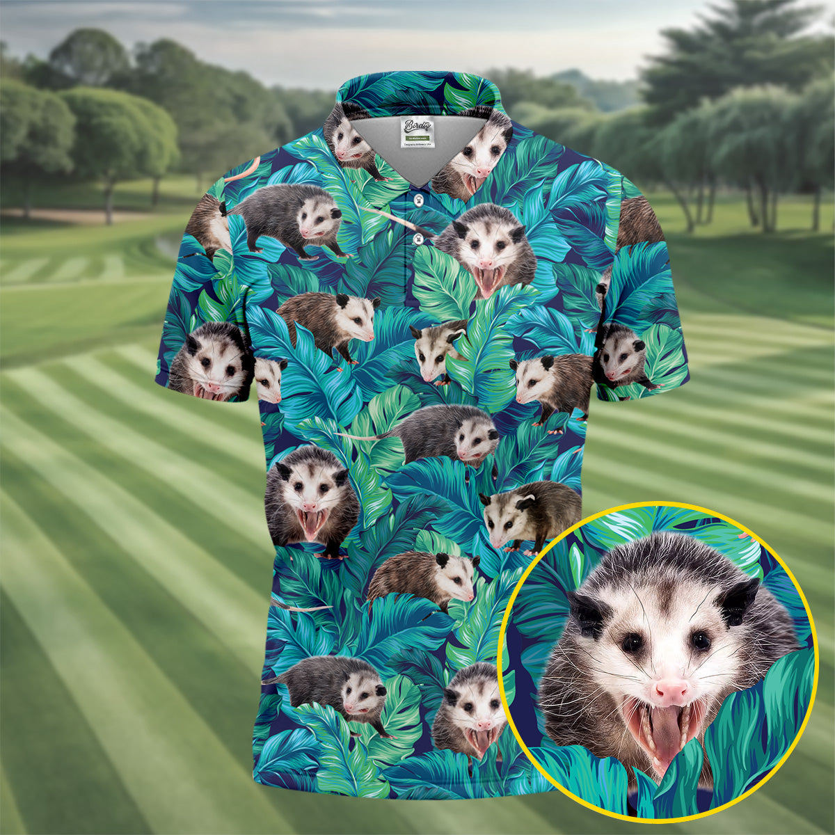 Playful Opossums Among Tropical Leaves Hawaiian Golf Polo, Golf Tops For Men, Golfing Apparel