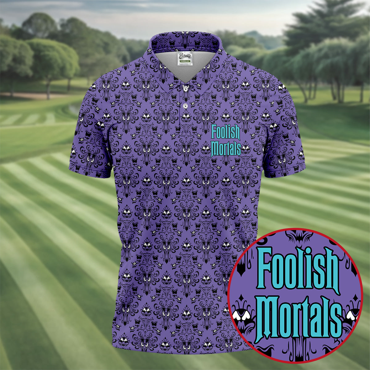Foolish Mortals Haunted Pattern Golf Polo Shirt, Halloween Shirt For Men, Mens Golf Polo