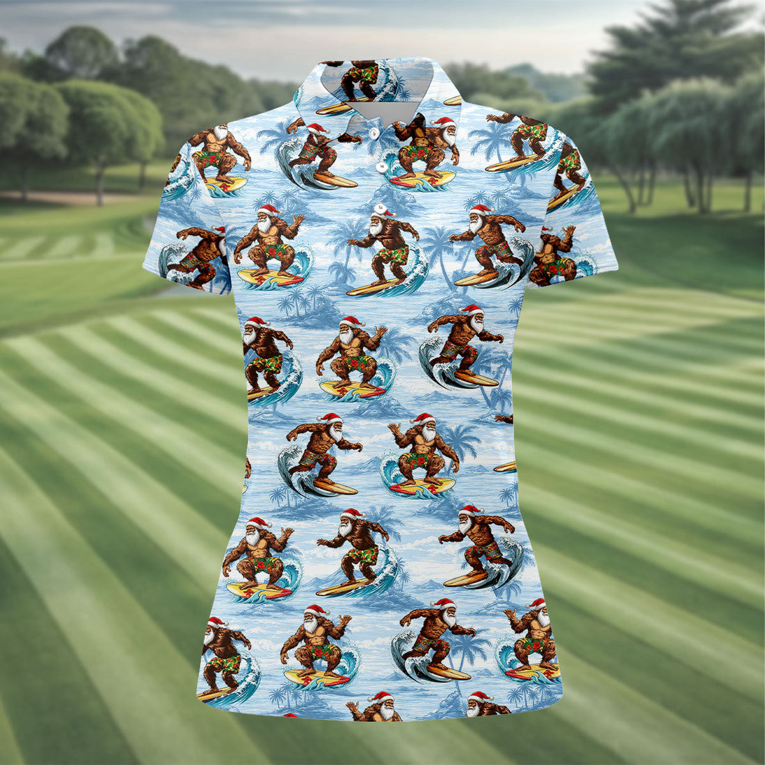Funny Surfing Santa Bigfoot Christmas Polo Shirt, Womens Golf Polo, Hawaiian Golf Shirt