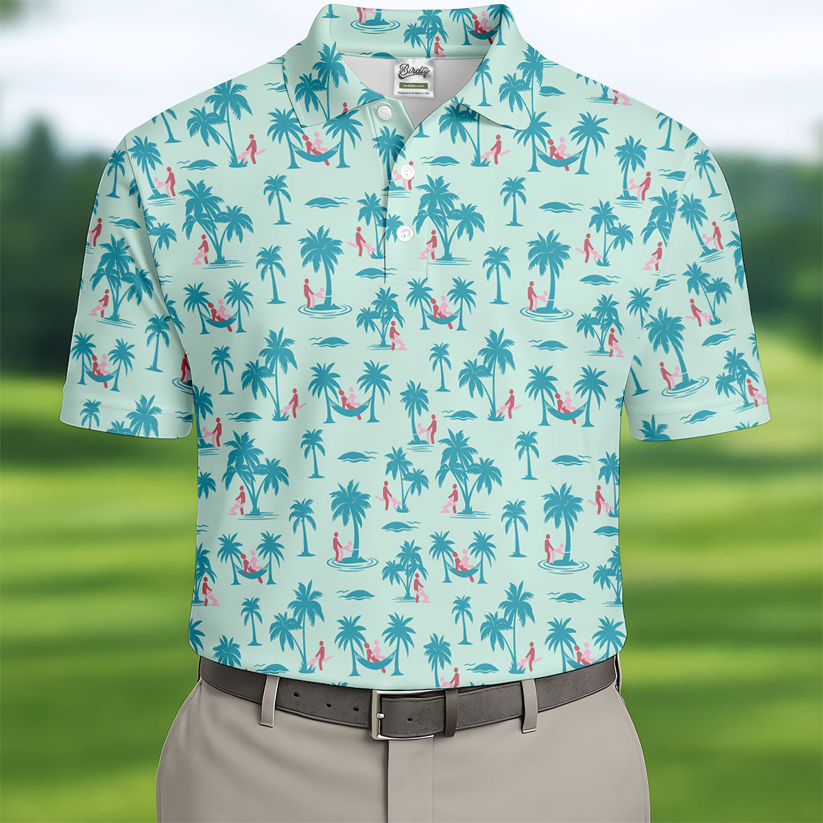 Funny Tropical Couple Beach Pattern Men's Golf Shirt, Hawaiian Golf Shirt, Golf Apparel For Men