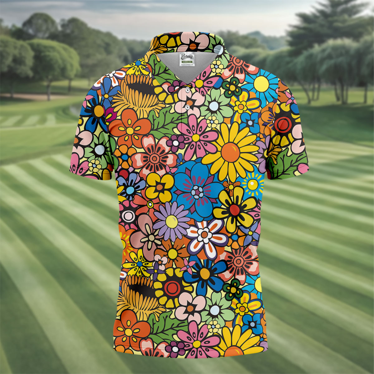 Multicolor Retro Flower Power Golf Shirt, Mens Golf Polo, Hawaiian Golf Shirt, Golf Apparel For Men