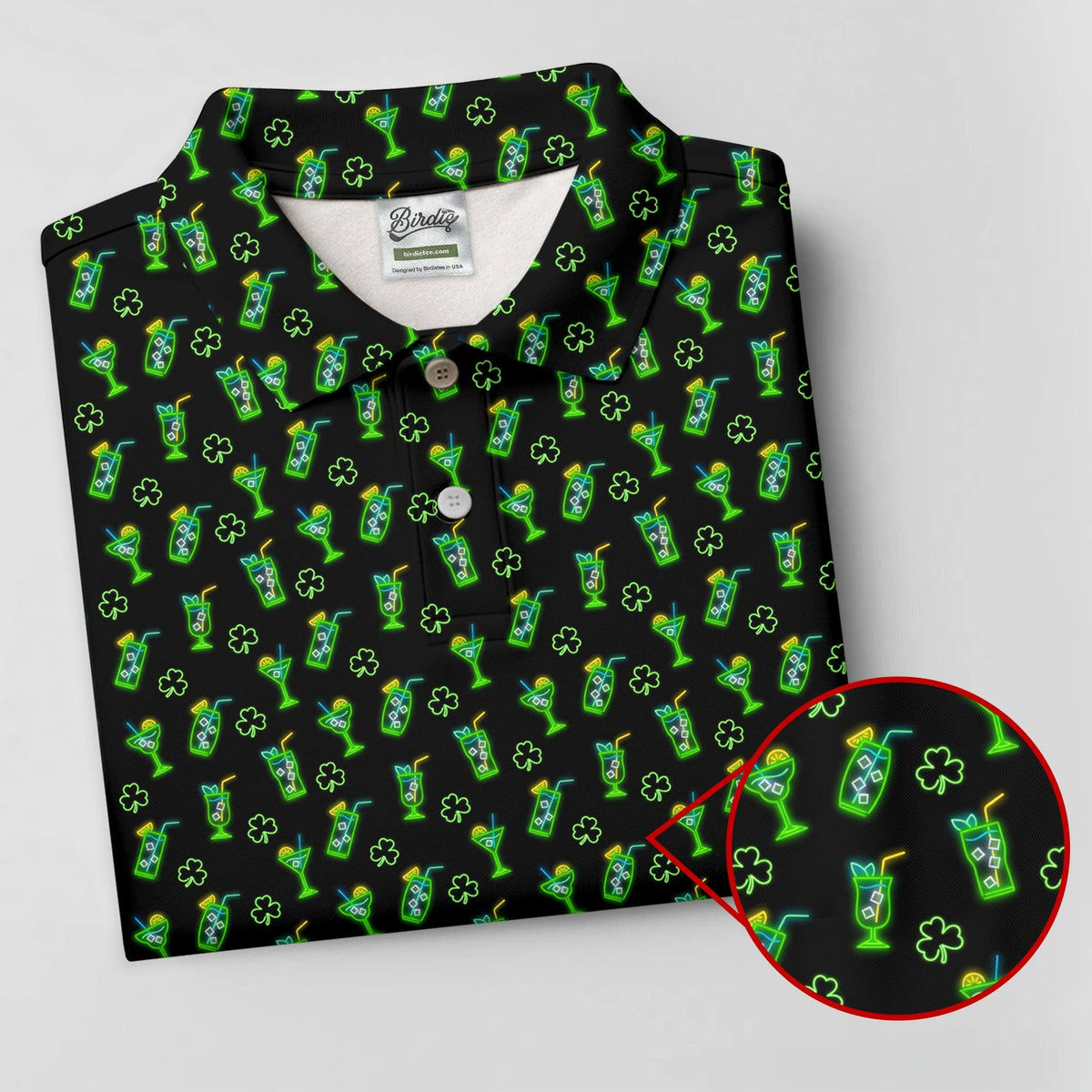 Neon Green Cocktails Three Leaf Clover St Patrick's Day Golf Shirt, Women's Golf Tops, Ladies Golf Shirts