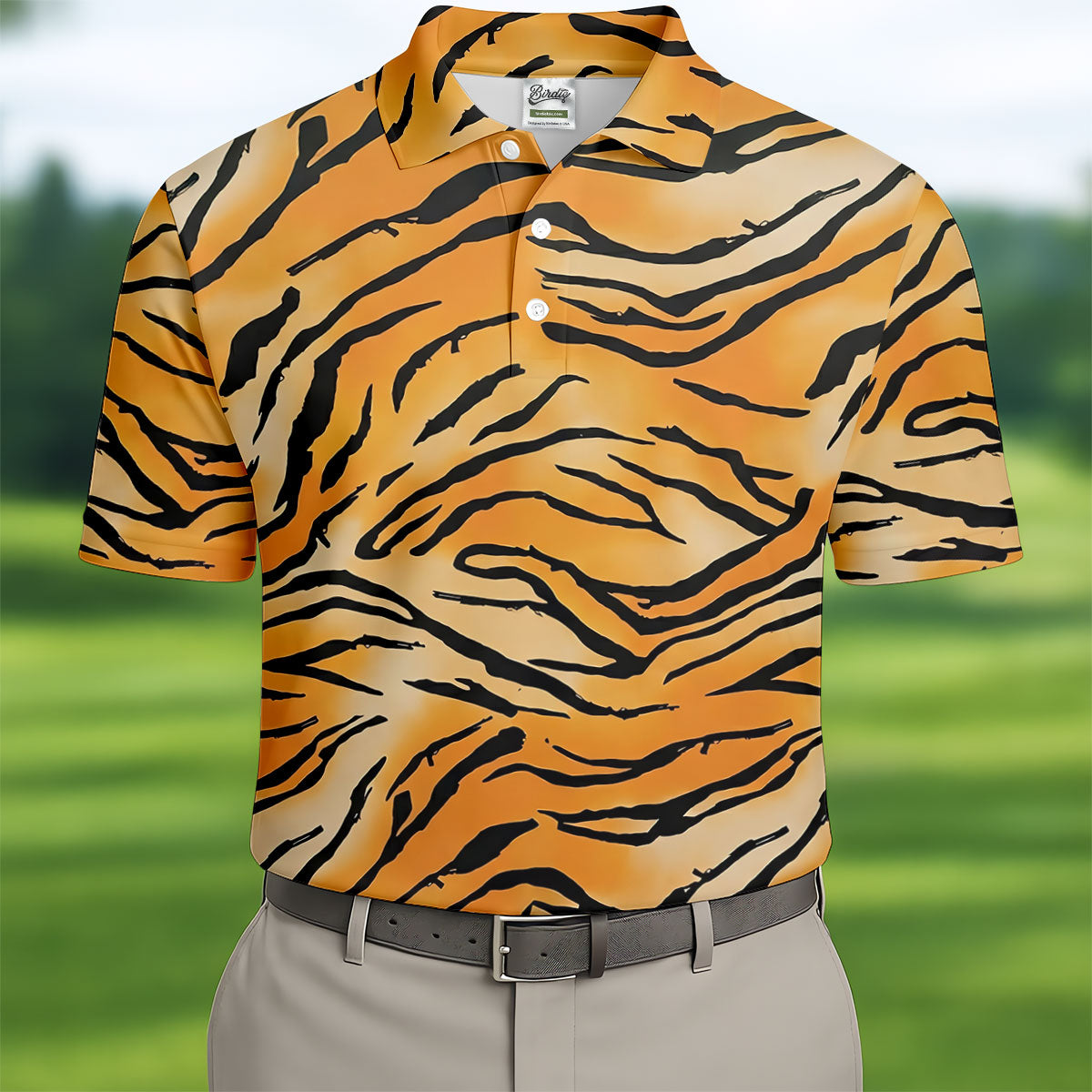 Tiger Stripe Pattern Hawaiian Golf Shirt, Men's Funny Golf Shirts, Golf Shirts For Men