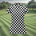 Black White Checkerboard Racing Pattern Golf Shirt, Ladies Golf Shirts, Golf Polo For Women, Performance Golf Shirt