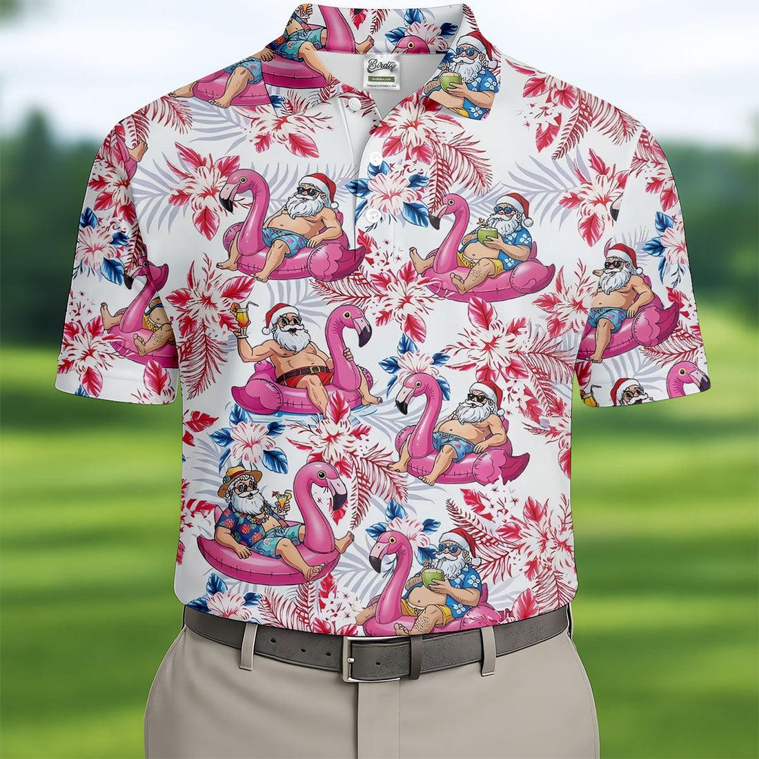 Funny Tropical Santa Flamingo Christmas Polo Shirt, Mens Golf Polo, Hawaiian Golf Shirt